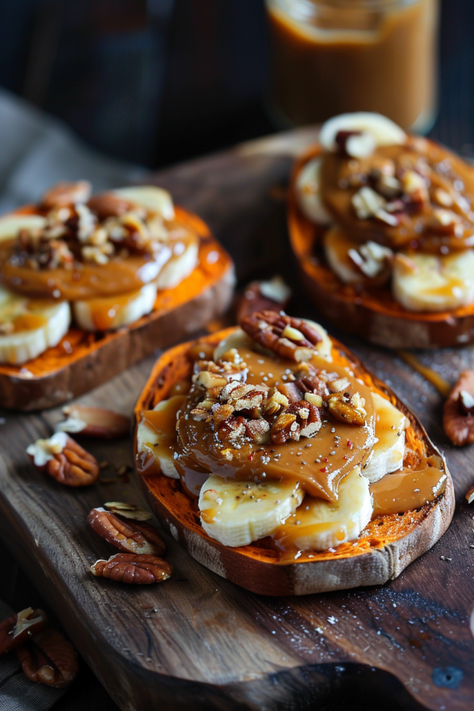 sweet potato toast banana and nut water with pecans