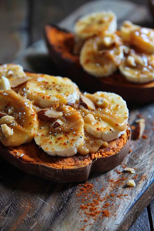 sweet potato toast with banana and walnuts