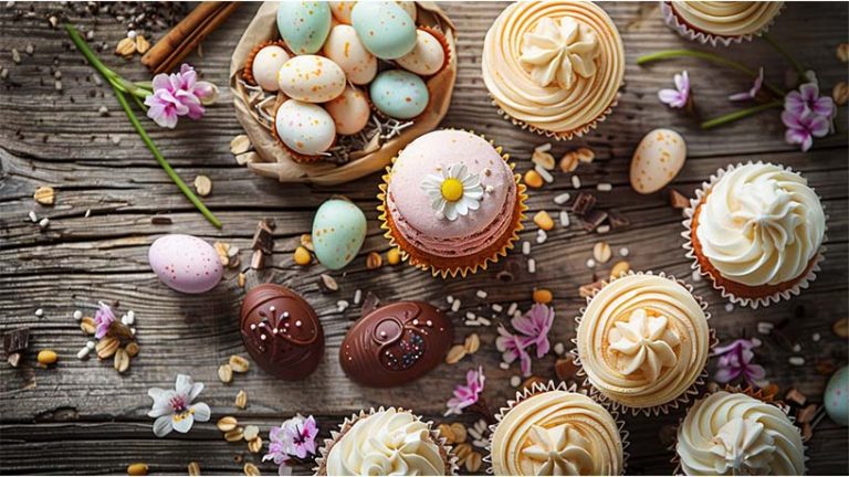 Many Easter desserts on a wooden table