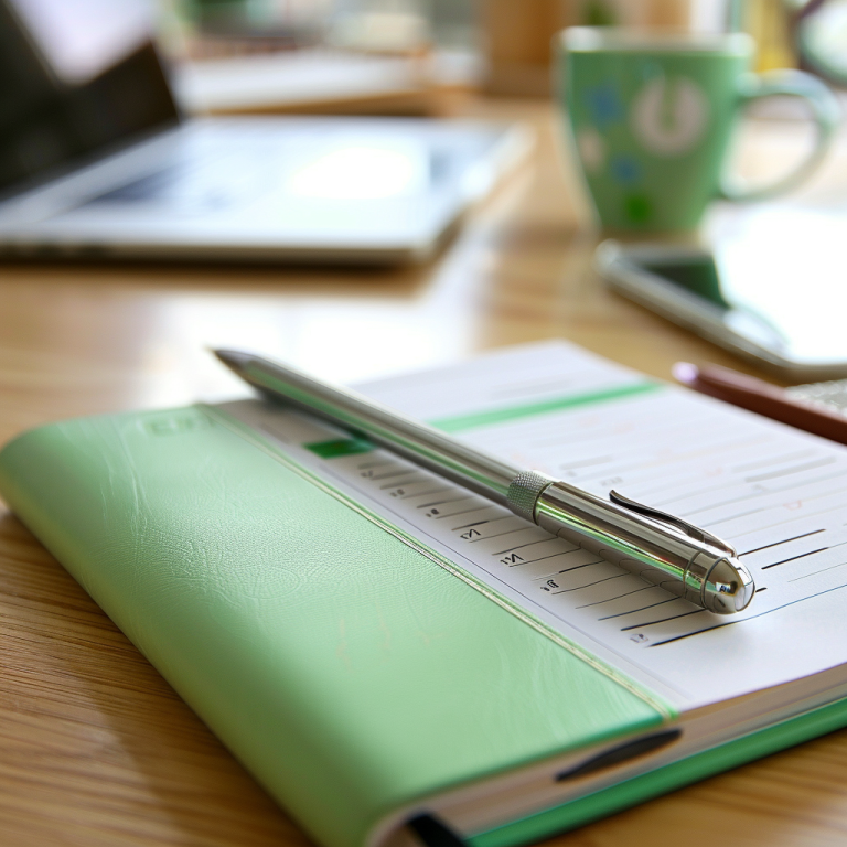 Notebook and pen, ipad blurred in background