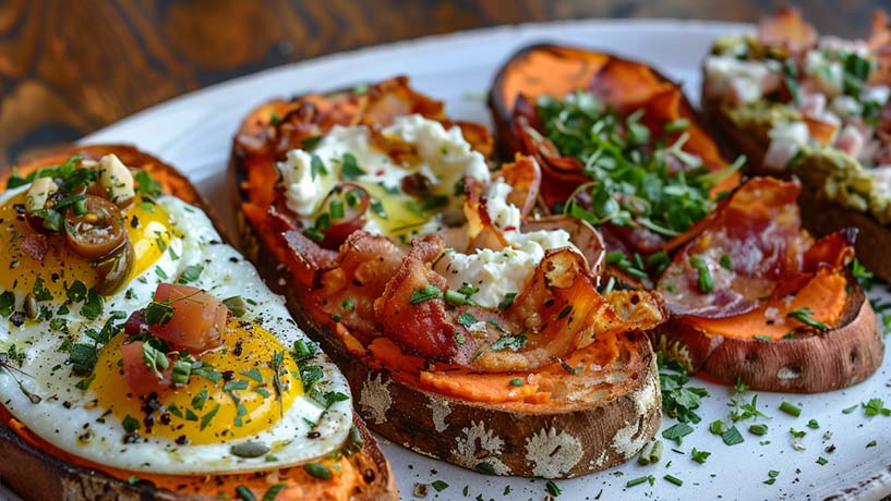 a plate of sweet potato toast with different toppings