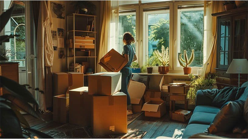 Women packing up boxes moving the house